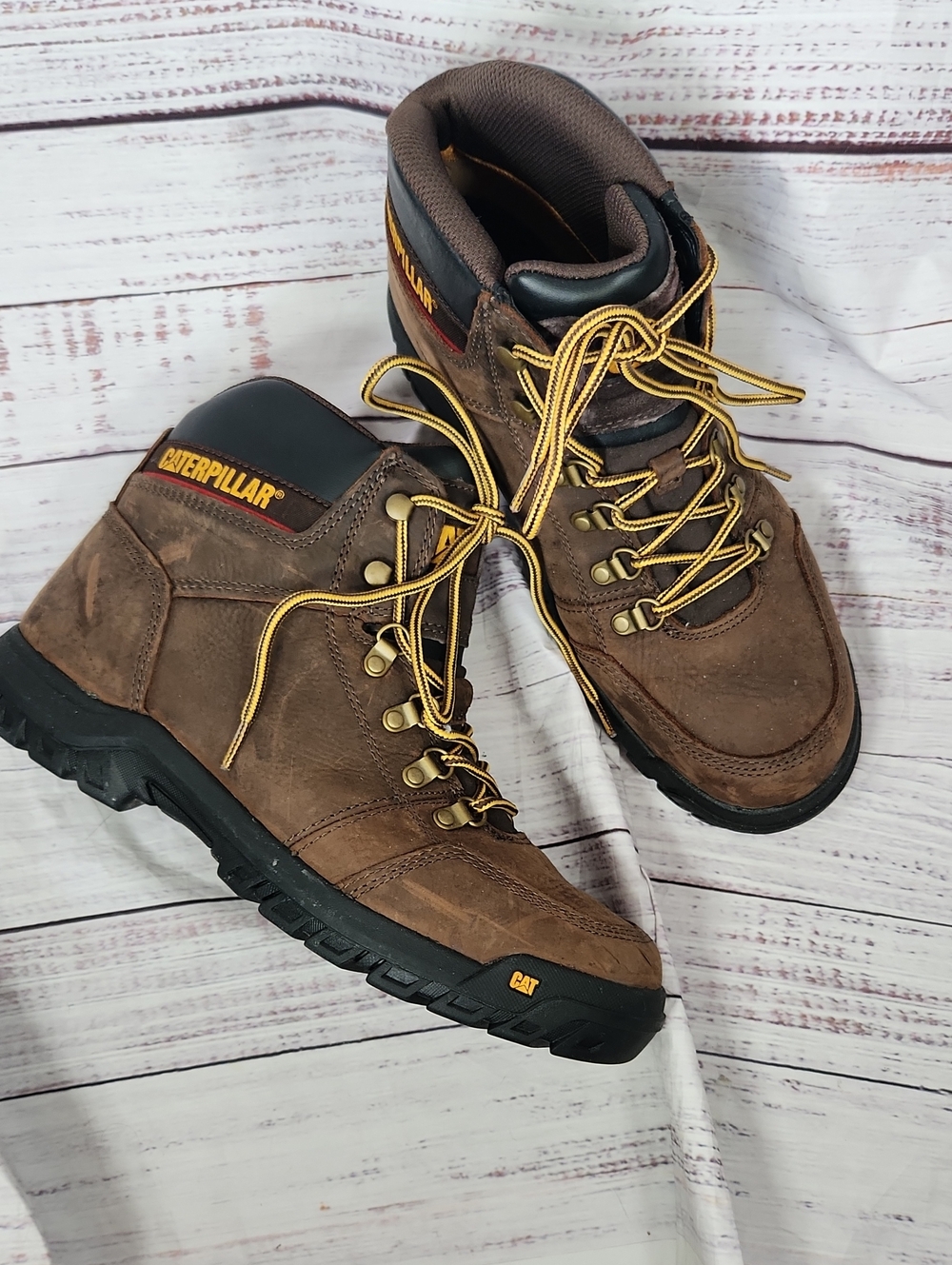 Caterpillar Brown Leather Work Boots with Yellow Laces